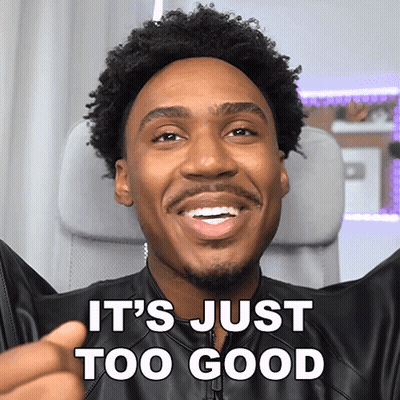 A Man In A Black Leather Jacket Is Smiling And Says It 'S Just Too Good GIF