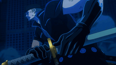 A Man In A Black Outfit Is Holding A Sword With A Blue Light Behind Him GIF