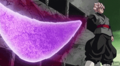 A Man In A Black Outfit Is Standing In Front Of A Building With A Purple Object Coming Out Of It . GIF