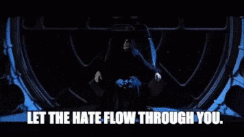 A Man In A Black Robe Is Sitting On A Throne In A Dark Room And Says `` Let The Hate Flow Through You '' . GIF