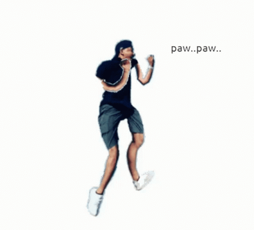 A Man In A Black Shirt And Shorts Is Jumping In The Air With Paw Paw Written Below Him GIF