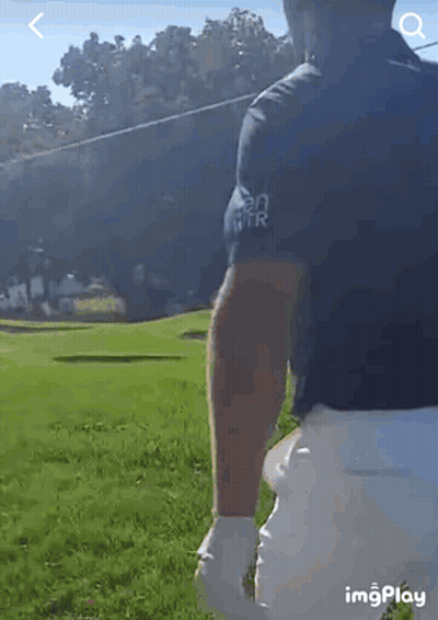 A Man In A Black Shirt And White Shorts Is Standing On A Golf Course Holding A Golf Club . GIF