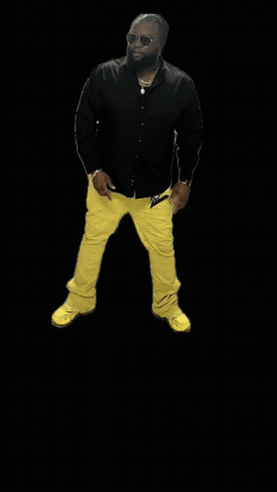A Man In A Black Shirt And Yellow Pants Is Standing In Front Of A Sign That Says " On Bidness " GIF