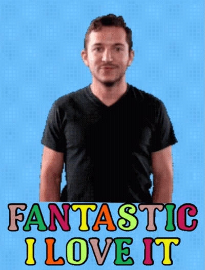 a man in a black shirt giving a thumbs up with fantastic i love it written below him