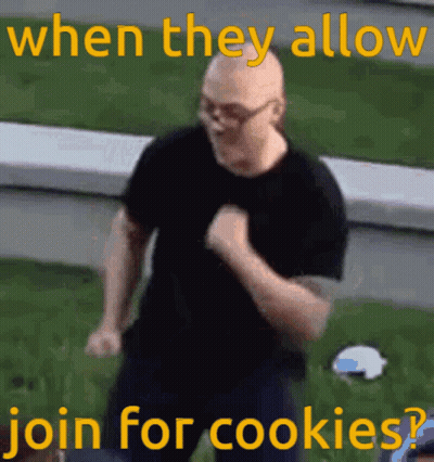 A Man In A Black Shirt Is Dancing With The Words " When They Allow Join For Cookies " GIF