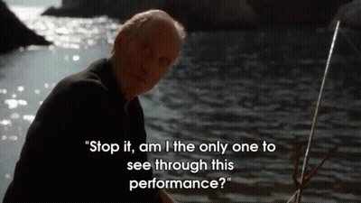 A Man In A Black Shirt Is Fishing In The Water And Says " Stop It Am I The Only One To See Through This Performance " GIF