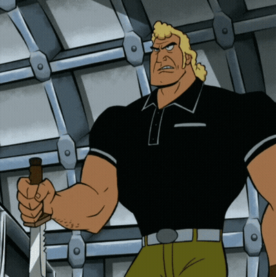 A Man In A Black Shirt Is Holding A Knife In His Right Hand GIF