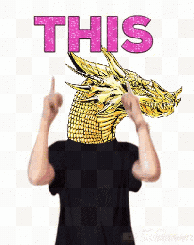 A Man In A Black Shirt Is Holding Up His Fingers In Front Of A Picture Of A Dragon And The Word This GIF