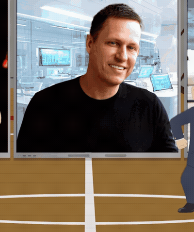 A Man In A Black Shirt Is Smiling In Front Of A Window With A Computer Monitor That Says ' 00 ' On It GIF