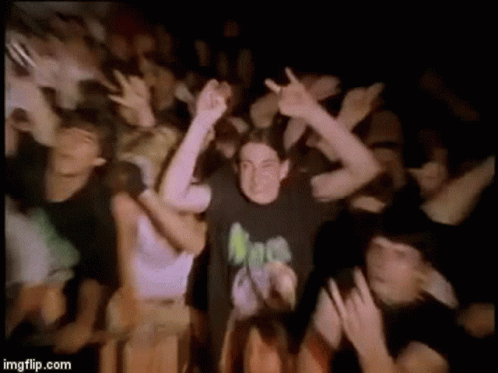 A Man In A Black Shirt Is Standing In Front Of A Crowd Of People At A Concert . GIF