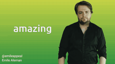 A Man In A Black Shirt Is Standing In Front Of A Green Background With The Word Amazing On It GIF