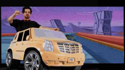 A Man In A Black Shirt Is Standing Next To A Cadillac GIF