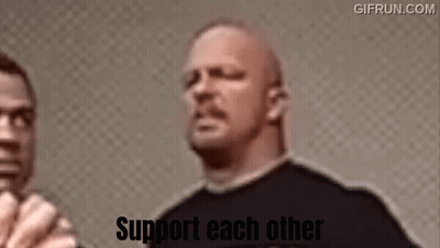 A Man In A Black Shirt Is Standing Next To Another Man With The Words Support Each Other On The Bottom . GIF