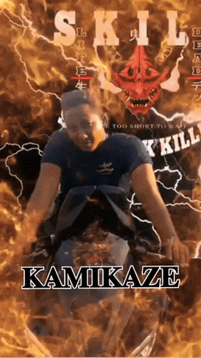 A Man In A Black Shirt Is Surrounded By Flames And Says Kamikaze GIF