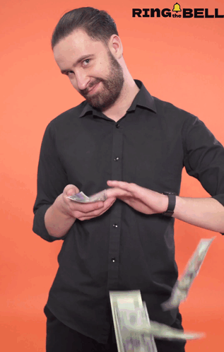 A Man In A Black Shirt Is Throwing Money In The Air With Ring The Bell Written In The Corner GIF