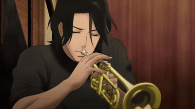 A Man In A Black Shirt Plays A Trumpet With His Eyes Closed GIF