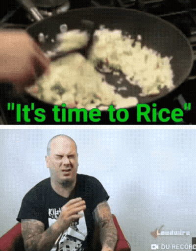 A Man In A Black Shirt Says It 'S Time To Rice While Cooking GIF