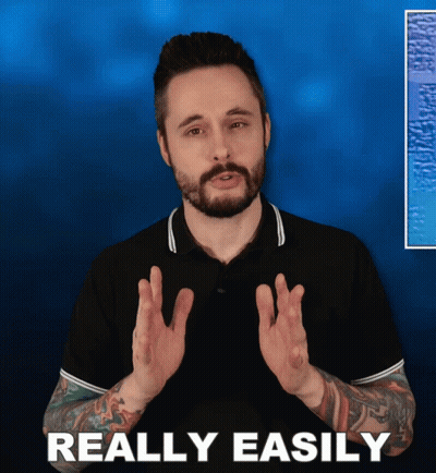 A Man In A Black Shirt Says Really Easily In Front Of A Blue Background GIF