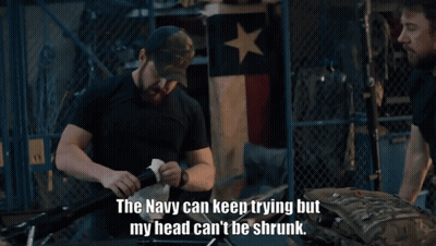 A Man In A Black Shirt Says The Navy Can Keep Trying But My Head Can 'T Be Shrunk GIF
