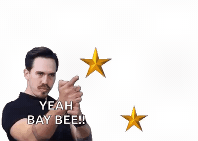 A Man In A Black Shirt Says Yeah Bay Bee In Front Of Two Gold Stars GIF