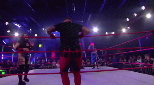 A Man In A Black Shirt Stands In A Wrestling Ring GIF