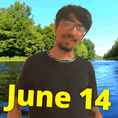A Man In A Black Shirt Stands In Front Of A River With The Date June 14 GIF