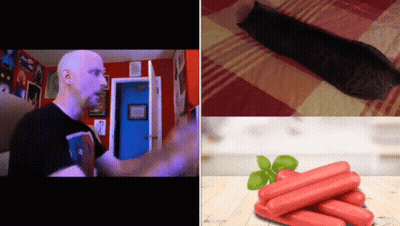 A Man In A Black Shirt Stands Next To A Pile Of Hot Dogs GIF