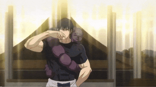A Man In A Black Shirt With Purple Muscles Is Standing In Front Of A Tent GIF