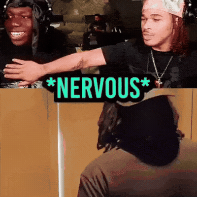 A Man In A Black Shirt With The Word Nervous Written On It GIF