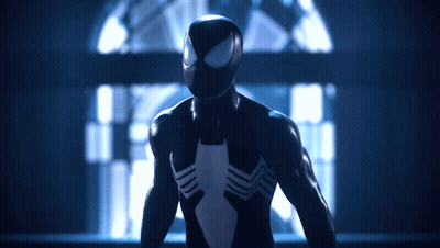 A Man In A Black Spiderman Suit Stands In A Dark Room GIF