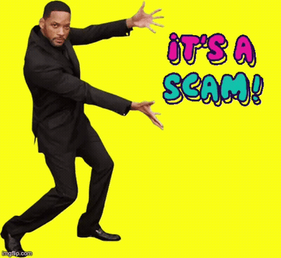 A Man In A Black Suit Is Dancing In Front Of A Yellow Background That Says It 'S A Scam ! GIF