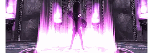 A Man In A Black Suit Is Standing In A Purple Room Holding A Sword . Sticker