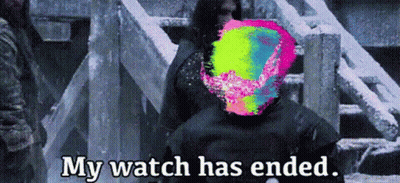 A Man In A Black Suit Is Standing In Front Of A Snowy Staircase With A Colorful Face . GIF