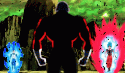 A Man In A Black Suit Stands In Front Of A Red And Blue Explosion GIF