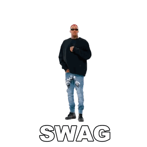 A Man In A Black Sweater And Blue Jeans Is Standing In Front Of A White Background That Says Swag Sticker