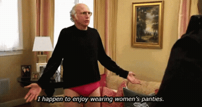 A Man In A Black Sweater And Red Underwear Says I Happen To Enjoy Wearing Women 'S Panties GIF