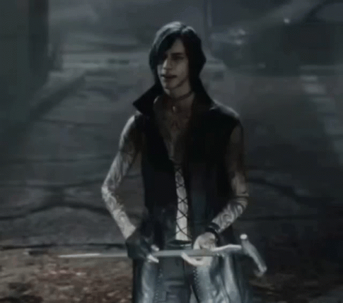 A Man In A Black Vest Is Holding A Sword In His Hand . GIF