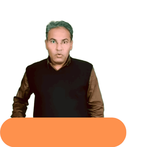 A Man In A Black Vest Stands In Front Of An Orange Sticker That Says Opinion Polls Fake GIF
