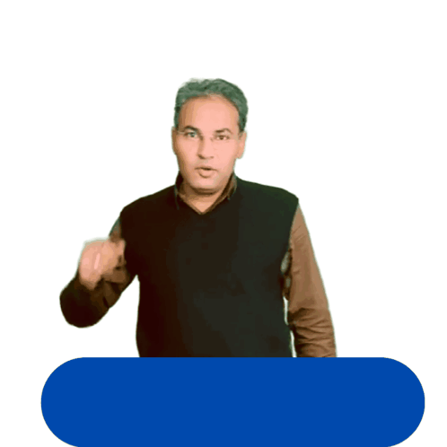 A Man In A Black Vest Waves His Hand In Front Of A Sign That Says " Yaara " GIF