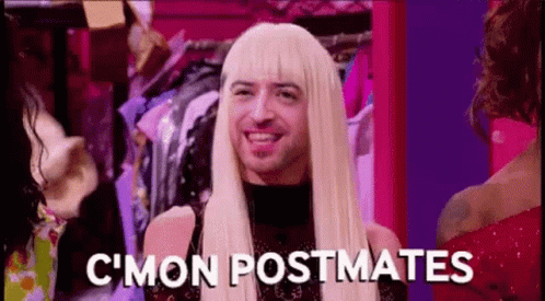 A Man In A Blonde Wig Is Smiling And Saying C Mon Postmates . GIF