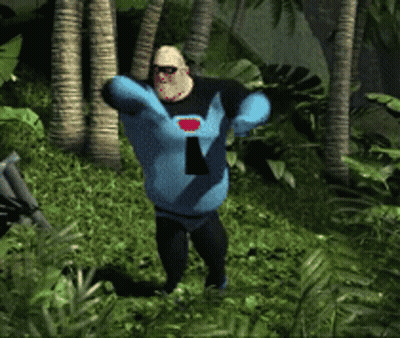 A Man In A Blue And Black Superhero Costume Is Standing In The Jungle GIF