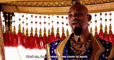 A Man In A Blue And Gold Costume Says " Back Up Boy I Need Some Room To Work " GIF
