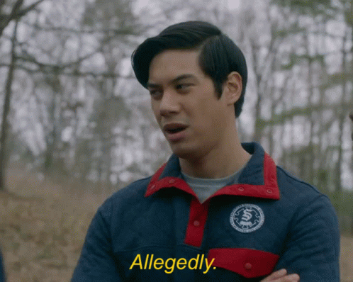 A Man In A Blue And Red Jacket Says Allegedly In Yellow Letters GIF