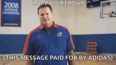 A Man In A Blue And Red Shirt Is Standing On A Basketball Court And Says Happy Birthday . GIF