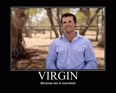 A Man In A Blue And White Striped Shirt Is On A Demotivational Poster That Says Virgin GIF