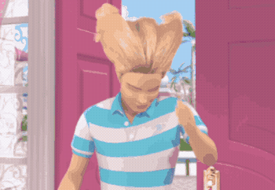 A Man In A Blue And White Striped Shirt Is Standing In A Pink Doorway GIF