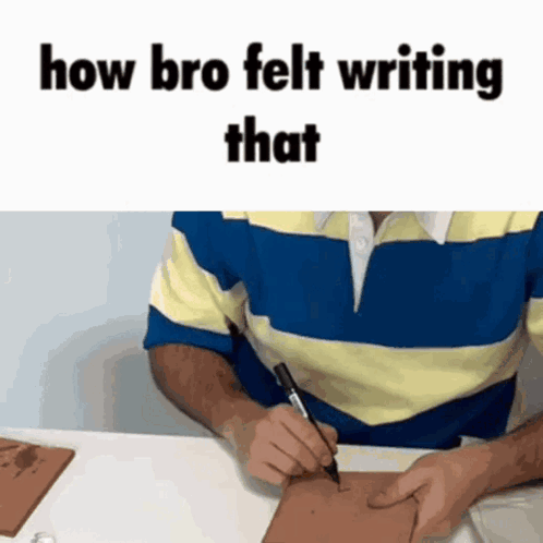 A Man In A Blue And Yellow Striped Shirt Is Writing On A Piece Of Paper .. GIF