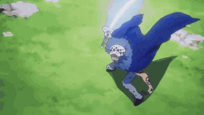 A Man In A Blue Cape Is Holding A Sword In His Hand While Flying Through The Air . GIF