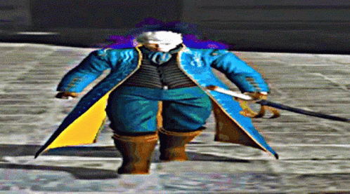 A Man In A Blue Coat And Brown Boots Is Holding A Sword GIF