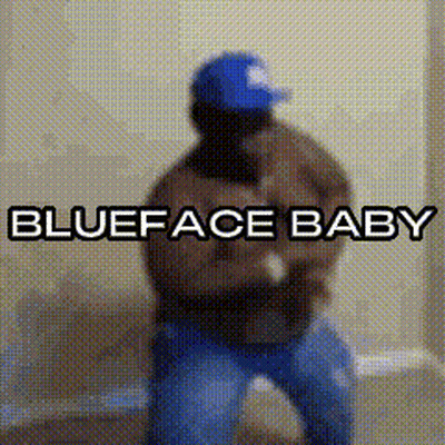 A Man In A Blue Hat Is Dancing With The Words Blueface Baby Below Him . GIF